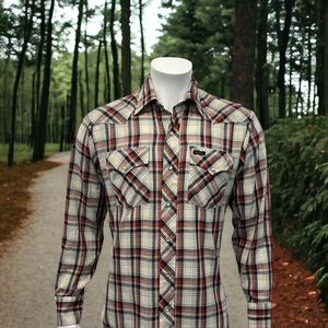 Vintage Montgomery Ward Western Pearl Snap Beige Red Black Long Sleeve Shirt MD